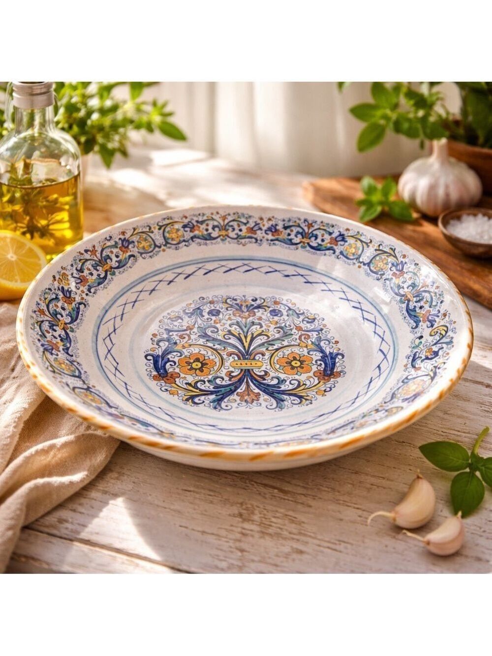 VINTAGE MOMA Italy Pasta or Decorative Ceramic Bowl with Blue and Orange Pattern